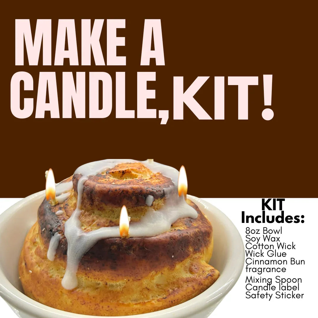Cinnamon bun candle kit with wax, wicks, and cinnamon bun fragrance in a bowl.