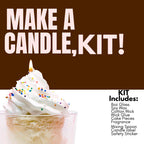 Dessert-inspired candle kit with whipped topping and sprinkles in a glass jar, text overlay