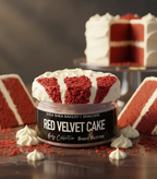 Red velvet cake body butter jar styled with realistic cake decoration and cake slices