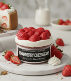Strawberry cheesecake body butter jar styled with whipped cream and fresh strawberries, cake in background.