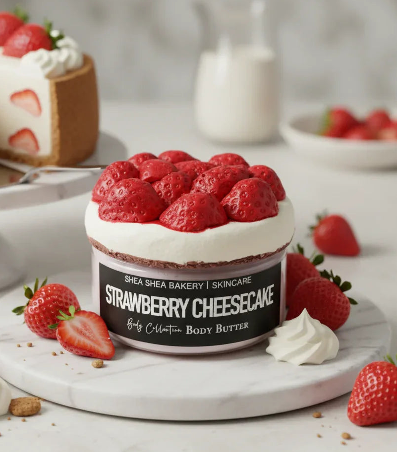 Strawberry cheesecake body butter jar styled with whipped cream and fresh strawberries, cake in background.