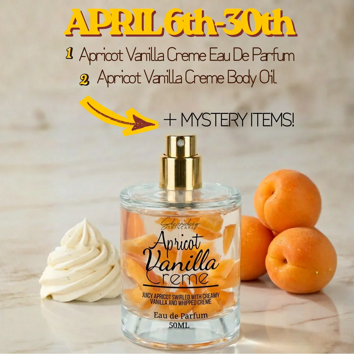 Apricot Vanilla Creme perfume bottle with apricots on a wooden surface, featuring a promotional offer.
