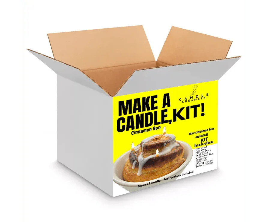 Candle making kit box with cinnamon bun candle image and DIY instructions included