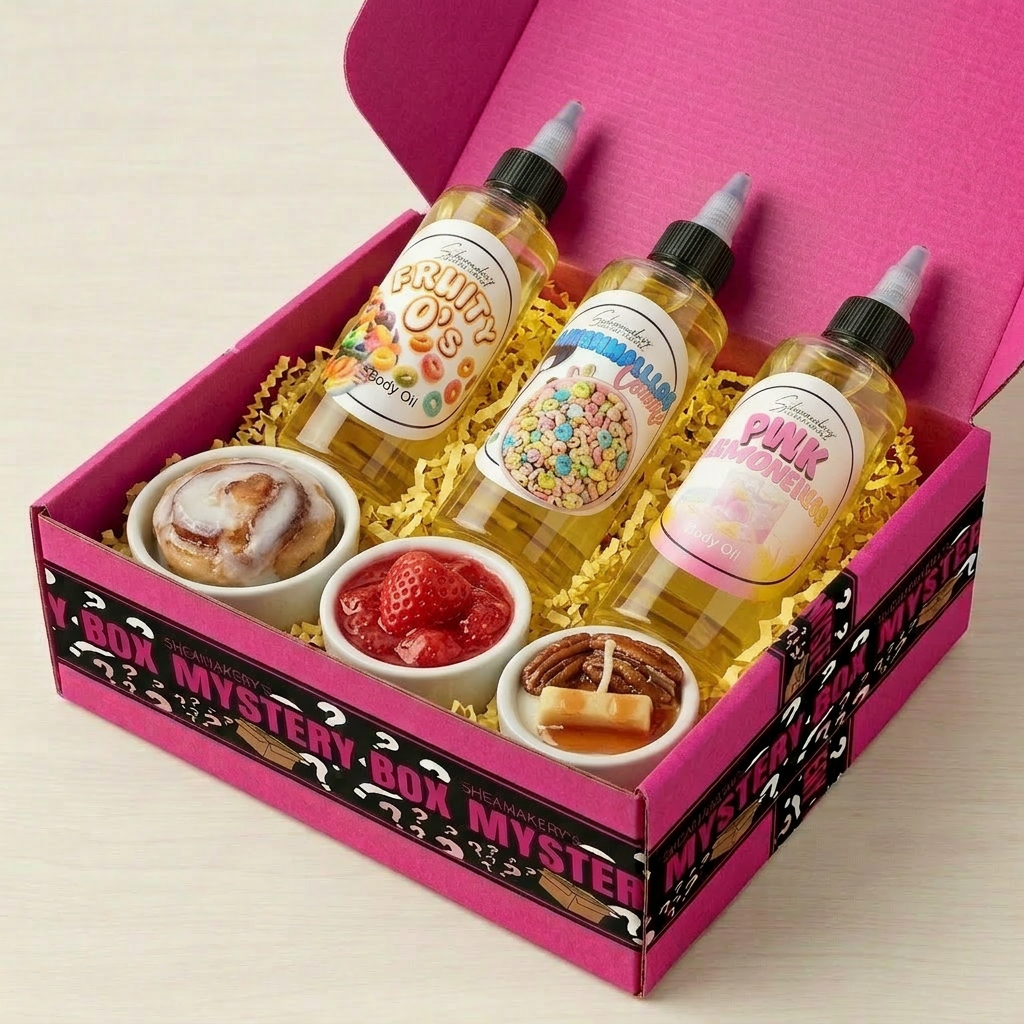 Pink mystery box with three bottles of body oil and small containers of food items on a beige background.