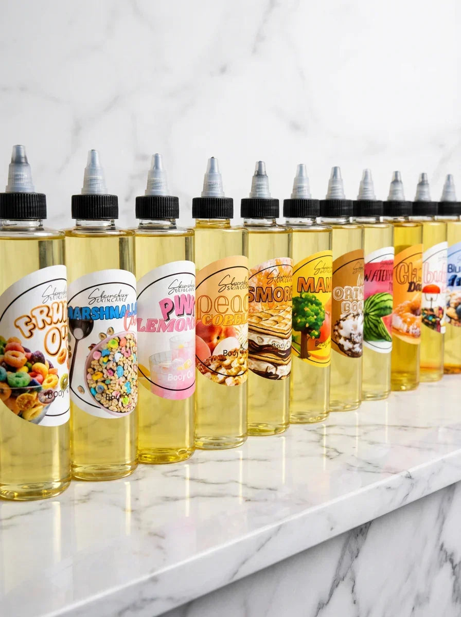 Assorted dessert-inspired body oils in clear bottles lined up on marble countertop