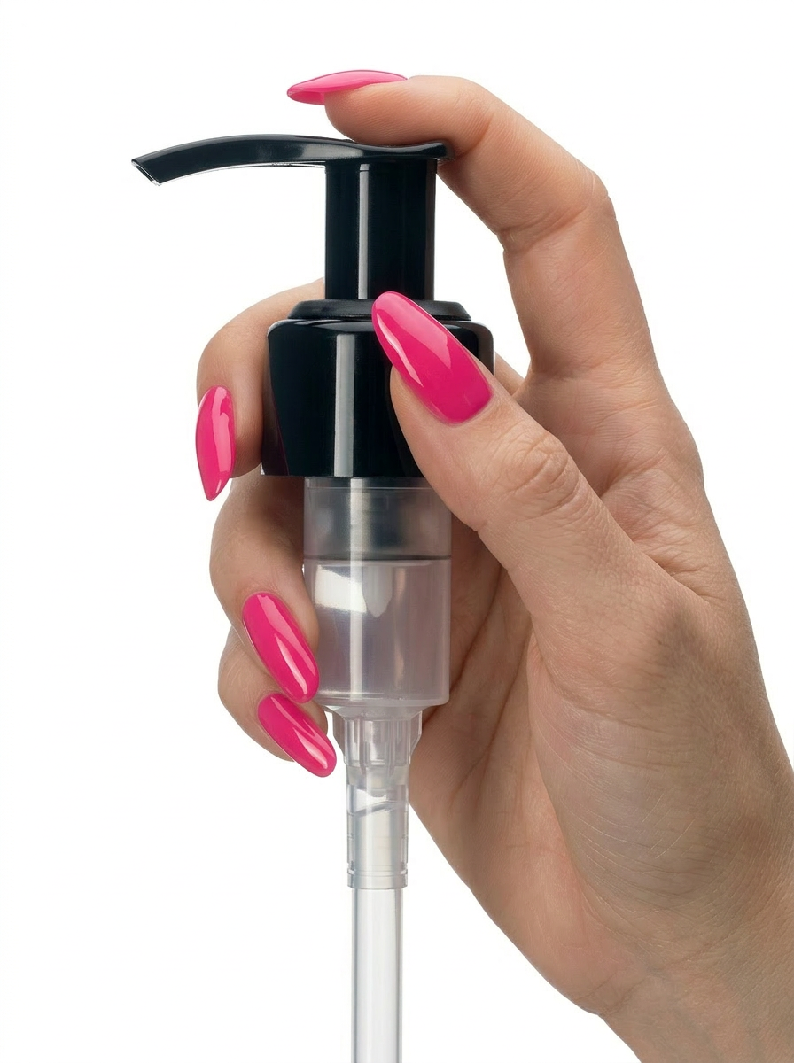Hand holding black lotion pump dispenser with pink manicured nails on white background